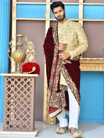 Golden & Copper Embroidered Sherwani For Men